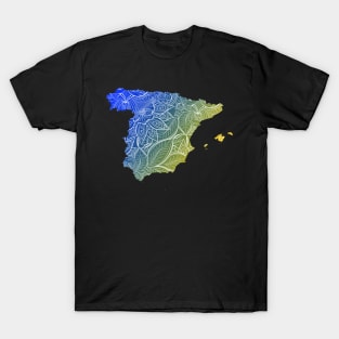 Colorful mandala art map of Spain with text in blue and yellow T-Shirt